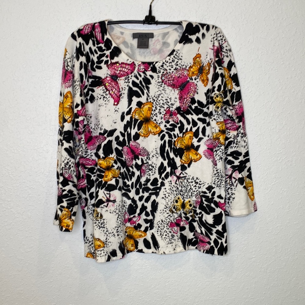 Isa Women’s Beaded Pullover Sweater 3/4 Sleeves Butterflies Stretchy Sz XL Rayon